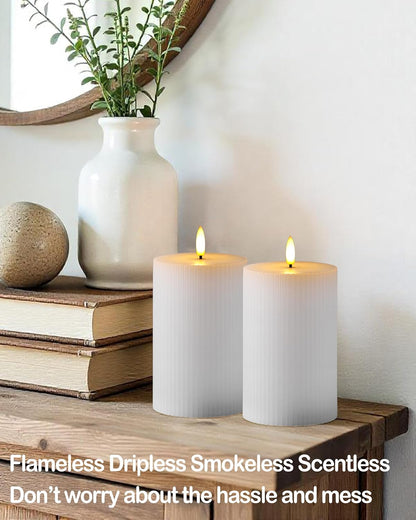 Gmnee 3"x4" White Ribbed Flameless Candles - Remote Control & Timer, Set of 3 Large Real Wax Pillar Flickering Battery LED Candles for Table, Fireplace and Mantel Decor