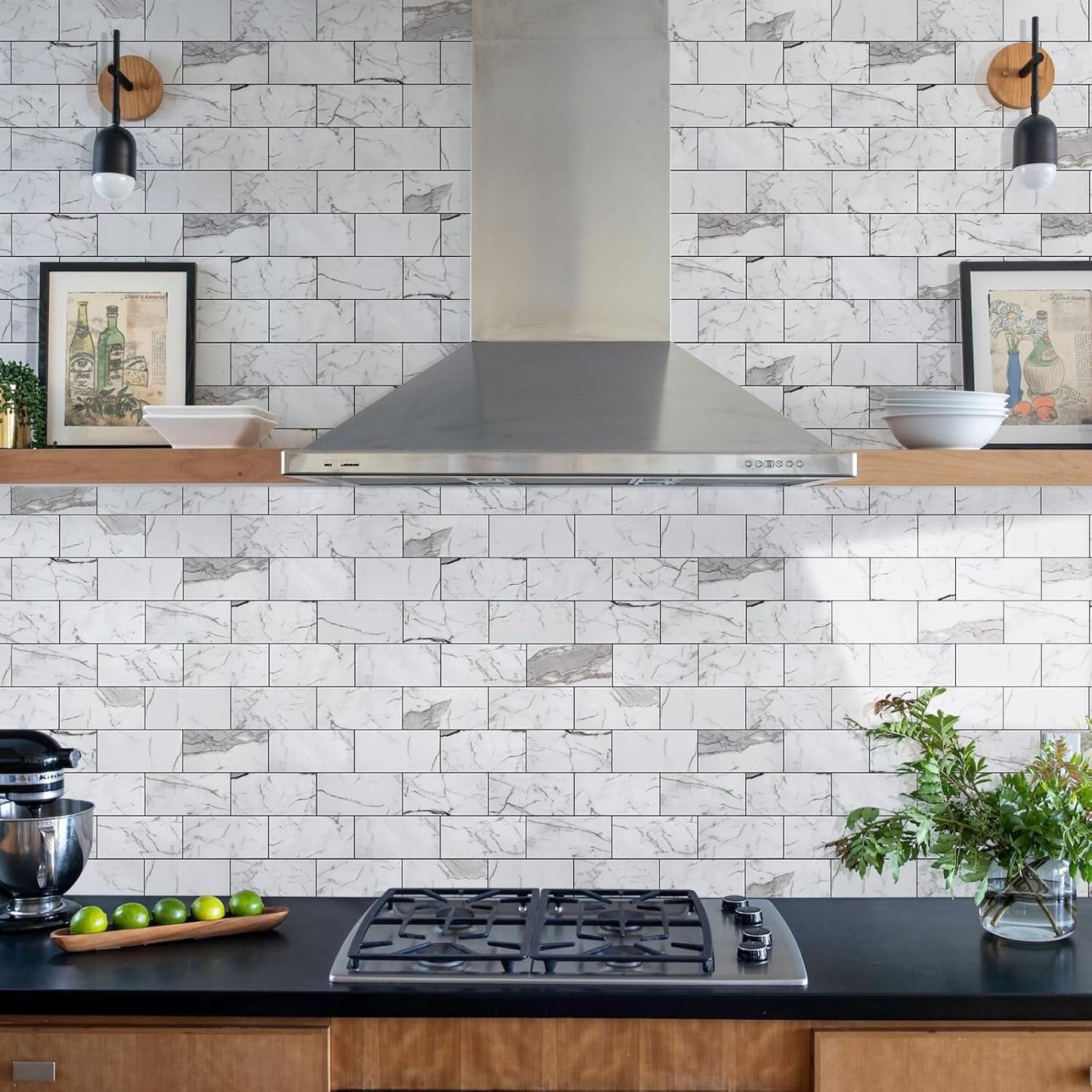 Vamos Tile 100-Piece Glossy Dolomite White Peel and Stick Backsplash Tile,3''x6'' PVC Subway Tile with White Grout, Stick on Backsplash for Kitchen/Bathroom/Fireplace