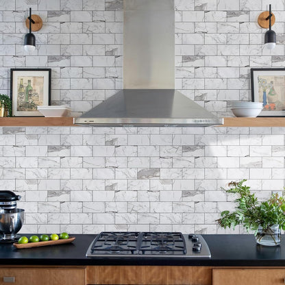 Vamos Tile 100-Piece Glossy Dolomite White Peel and Stick Backsplash Tile,3''x6'' PVC Subway Tile with White Grout, Stick on Backsplash for Kitchen/Bathroom/Fireplace