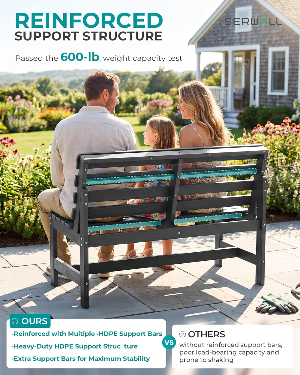 SERWALL HDPE Outdoor Storage Bench, Deck Box with Waterproof Storage Bags | All-Weather Benches | 57 Gallon Dual-Use Seat | Organizer Deck Boxes for Patio, Garden Tools & Pool | Dark Black