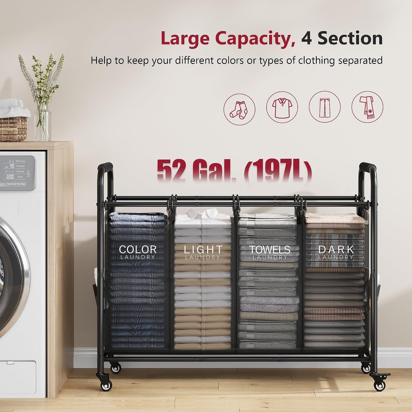 Tajsoon 4 Bag Laundry Sorter Cart, 4 Section Laundry Hamper Sorter with Heavy Duty Lockable Rolling Wheels, Laundry Separator Hamper with Removable Bags for Dirty Clothes Storage, Black