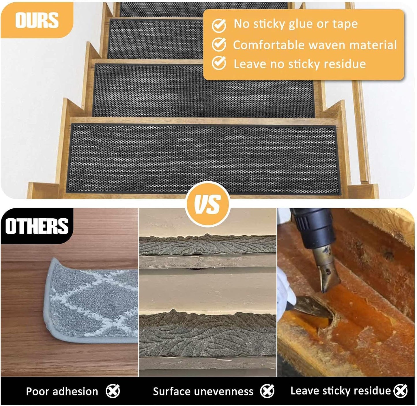 9" x36" Stair Treads Non Slip for Wooden Steps Indoor, 15 Pack, Beige | Reusable Peel and Stick Extra Wide Stair Treads Machine Washable