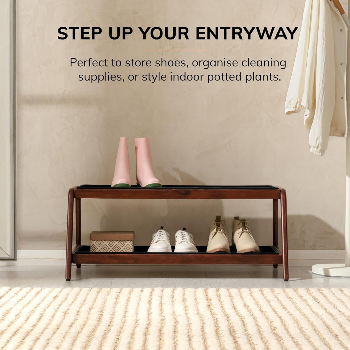 Anji Mountain Heavy Duty Waterproof Wooden Shoe Storage Mat Organizer/Boot Storage Tray Multi Use for Entryway with Coir, Gray and Ivory Insert, 1 Tier, Fits 2 Pair (26.5" Wide)