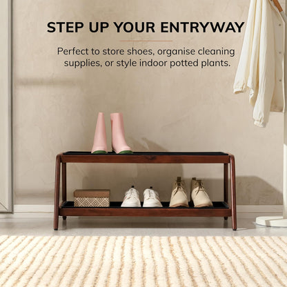 Anji Mountain Heavy Duty Waterproof Wooden Shoe Storage Mat Organizer/Boot Storage Tray Multi Use for Entryway with Coir, Gray and Ivory Insert, 1 Tier, Fits 2 Pair (26.5" Wide)