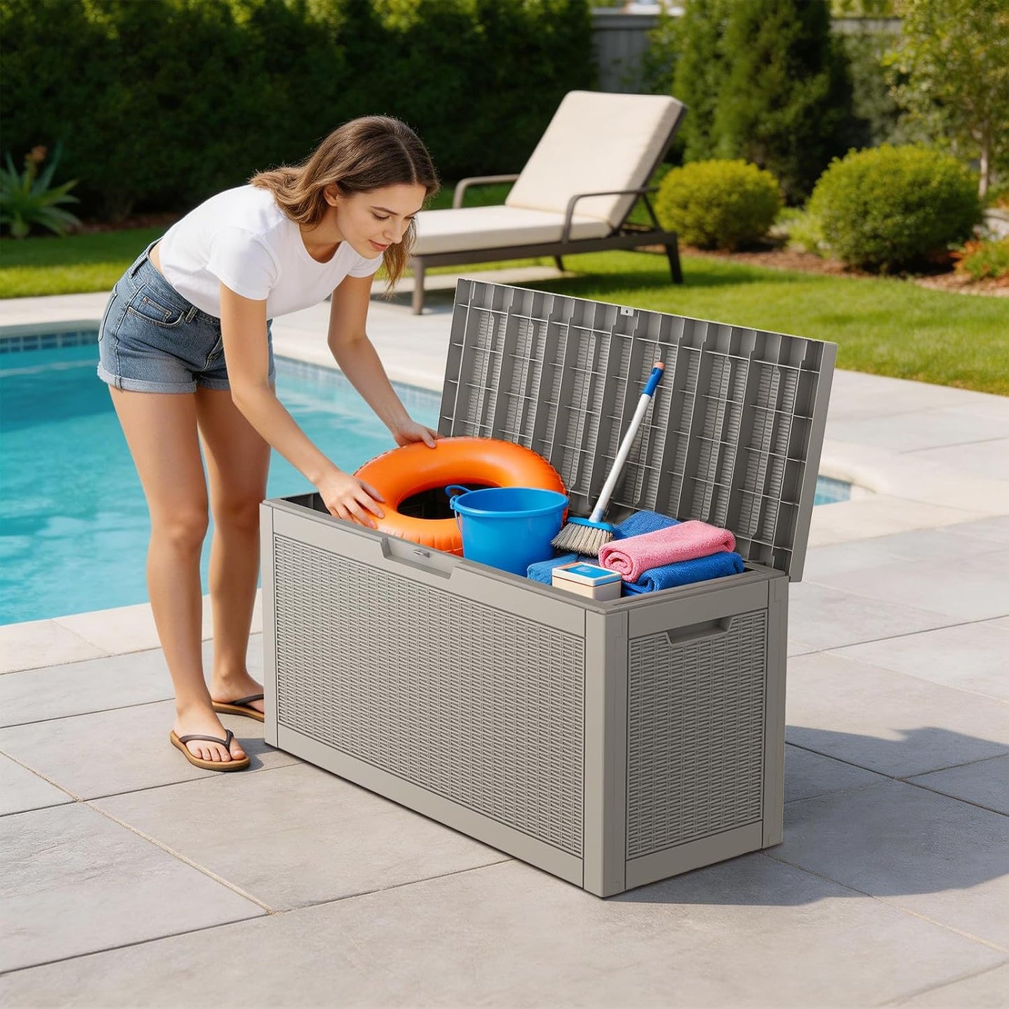 Outdoor Storage Box, 50 Gallon Waterproof Deck Storage Box, Lockable Patio Storage Bins for Package Delivery, Porch, Garden Tool, Cushions, Anti-Theft Weatherproof & UV-Resistant Parcel Drop Box