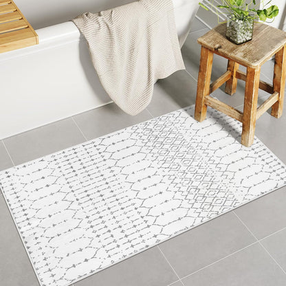 Lahome Moroccan Entry Rug 2x3, Non-Slip Washable Front Indoor Door Mat Rubber Backing Low-Profile Door Rugs, Small Geometric Print Distressed for Entryway Bathroom Kitchen, Black Hana