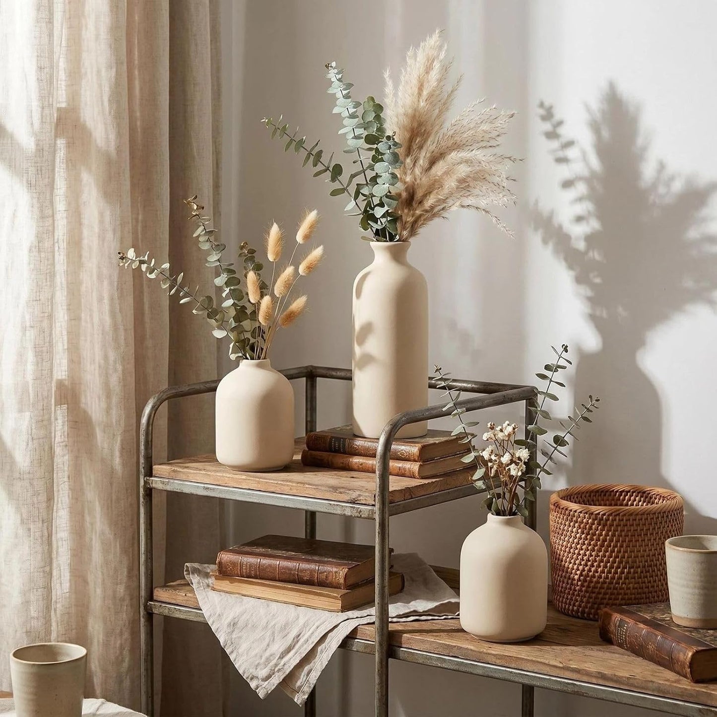 Small Ceramic Vase Set of 3, Boho Home Decor Vases for Dried Flowers,Farmhouse,Shelf,Bathroom,Centerpiece for Entryway Table Decoration Gifts