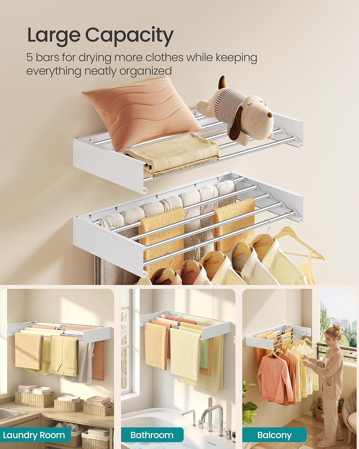 SONGMICS Wall Mounted Drying Rack, Clothes Drying Rack Foldable, 39.4 Inches Wide Laundry Clothes Airer with Wall Template, 6 Fold-Out Aluminum Alloy Bars, Indoor, Matte White ULLR810WE01
