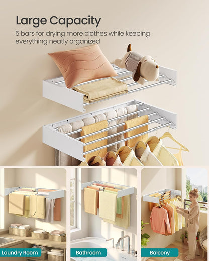 SONGMICS Wall Mounted Drying Rack, Clothes Drying Rack Foldable, 39.4 Inches Wide Laundry Clothes Airer with Wall Template, 6 Fold-Out Aluminum Alloy Bars, Indoor, Matte White ULLR810WE01
