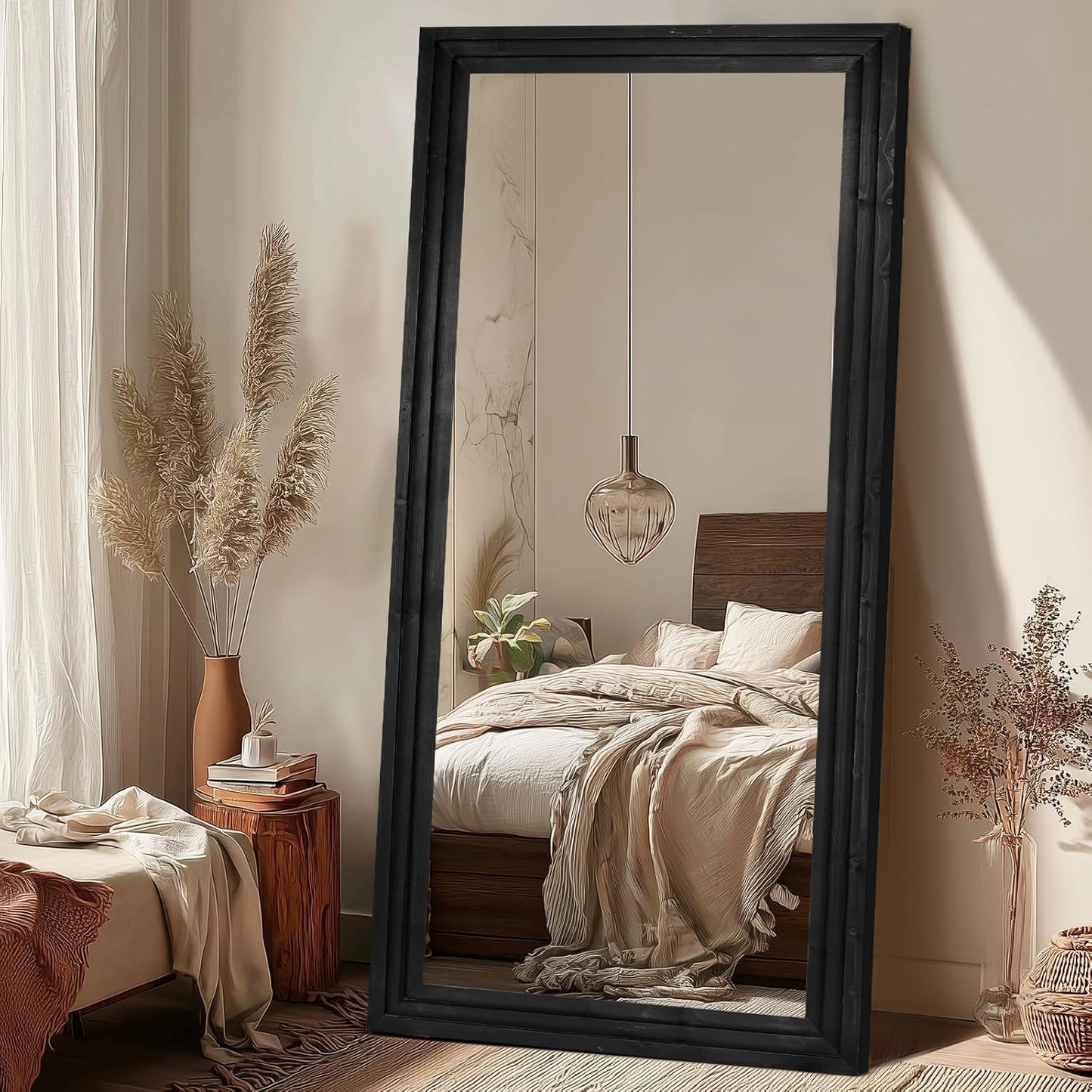 65"x22" Full Length Mirror Solid Wood Frame Floor Mirror with Stand for Living Room, Bedroom Hanging Standing or Leaning, Brown
