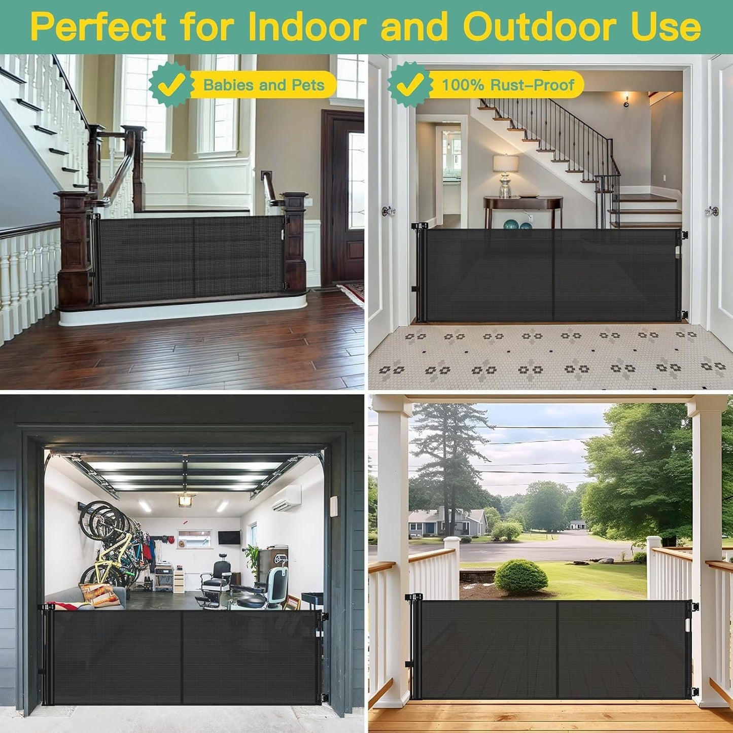 Reinforced 60" Wide Retractable Baby Gates with Upgraded Rods - Bottom Anti-Escape, 5 ft Mesh Baby Gate Retractable Dog Gate Indoor Pet Gate Retractable Stair Gate Outdoor Retractable Gate, Black
