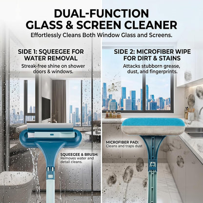 Window Screen Cleaning Brush with Long Handle, 2-in-1 Mesh Cleaner Tool & Squeegee, Double-Sided Multi-Purpose Scrubber for Glass, Sliding Door, Patio & Porch Screens (Blue)