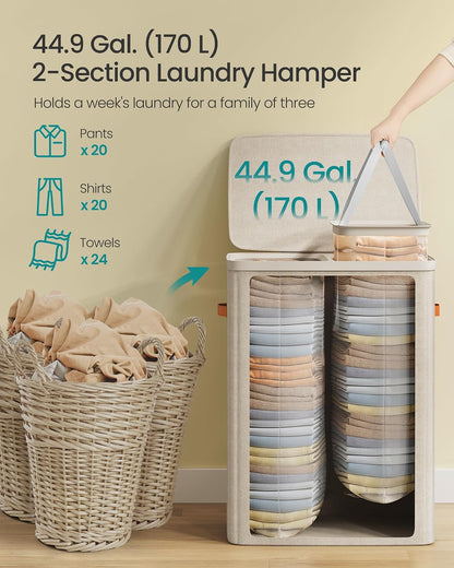 SONGMICS Laundry Basket, 50.2 Gal. Laundry Hamper, 3 Compartments, Easy Assembly, with Lid and Handles, Removable Liners, 25.2 x 15.7 x 29.5 Inches, Cappuccino Beige ULCB814LH01