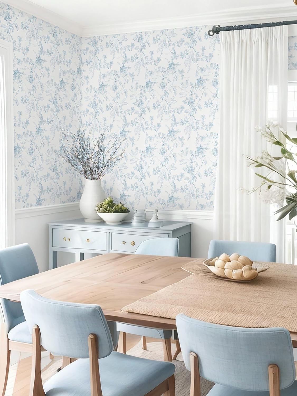 Dimoon 17.3''x78.7'' Vintage Peel and Stick Wallpaper Boho Beige Neutral Contact Paper White Floral Bird Wallpaper Removable Botanical Renter Friendly Modern Wall Paper Bedroom Bathroom Vinyl Roll