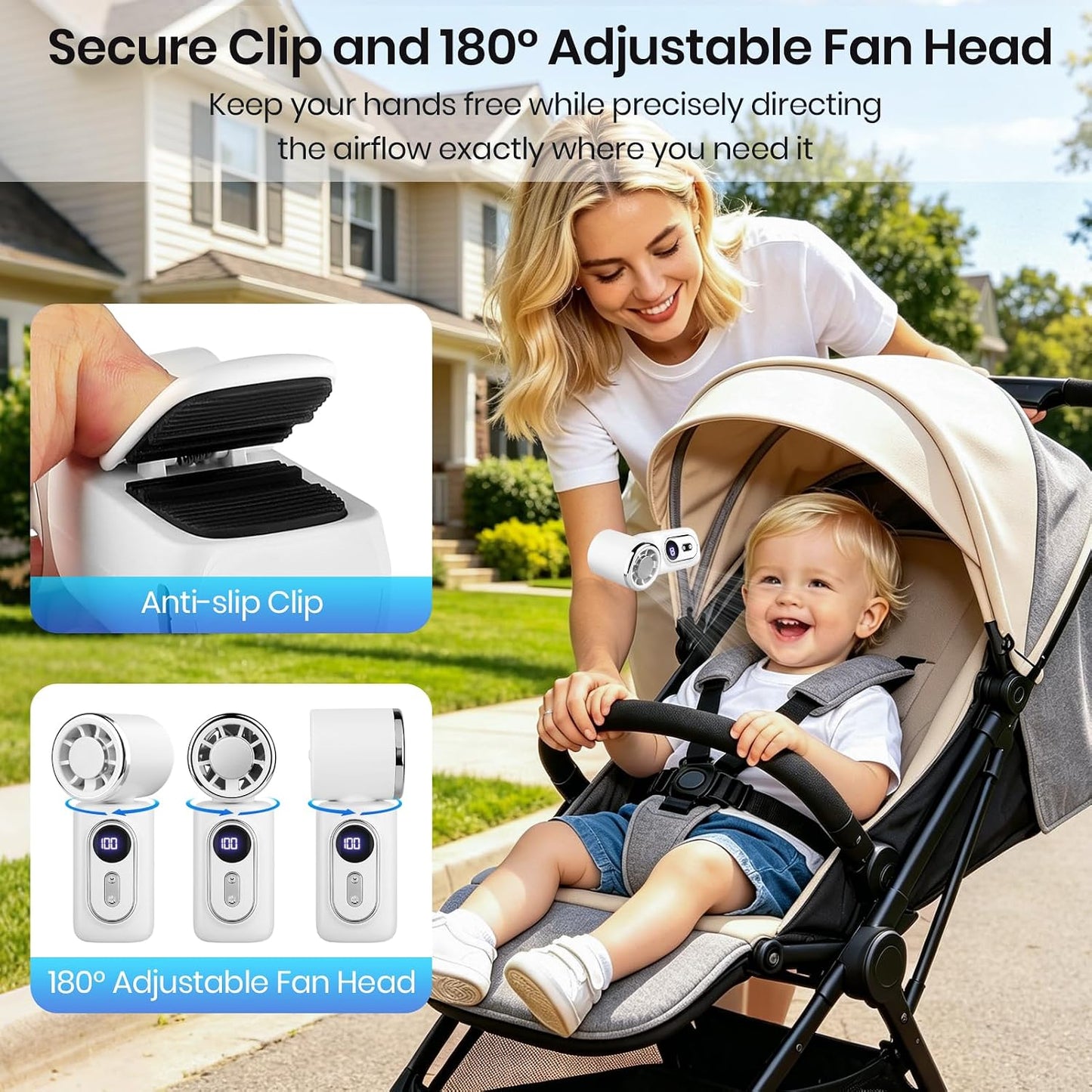 Clip-On Portable Fan with Ice Cooling, 5 Speeds Rechargeable Handheld Mini Fan with LED Display, 180° Portable Turbo Fan for Stroller, Eye Lash, Travel, Concert, Beach, Gifts for Women (White)