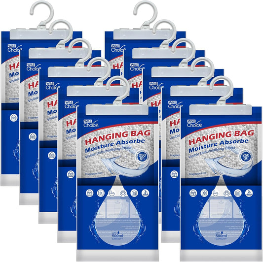 W&E Choice Hanging Moisture Absorbers Hanging Bag for Your Closet, Dehumidifier Bags for Bathroom, Unscented Humidity Pack for Car and RV, 10 Pack