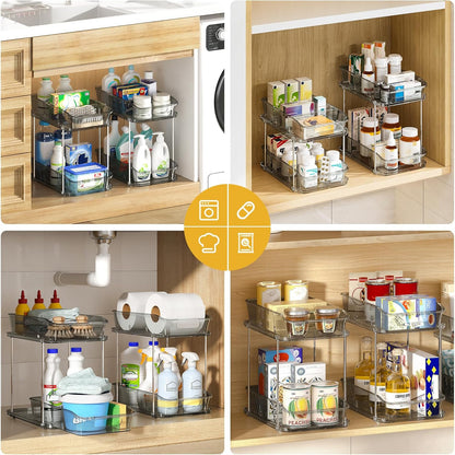 Delamu 2-Tier Under Sink Organizers and Storage, Multi-Purpose Stackable Bathroom Cabinet organizers, Pull Out Kitchen Pantry Organization and Storage with Dividers(2 Pack, Clear)