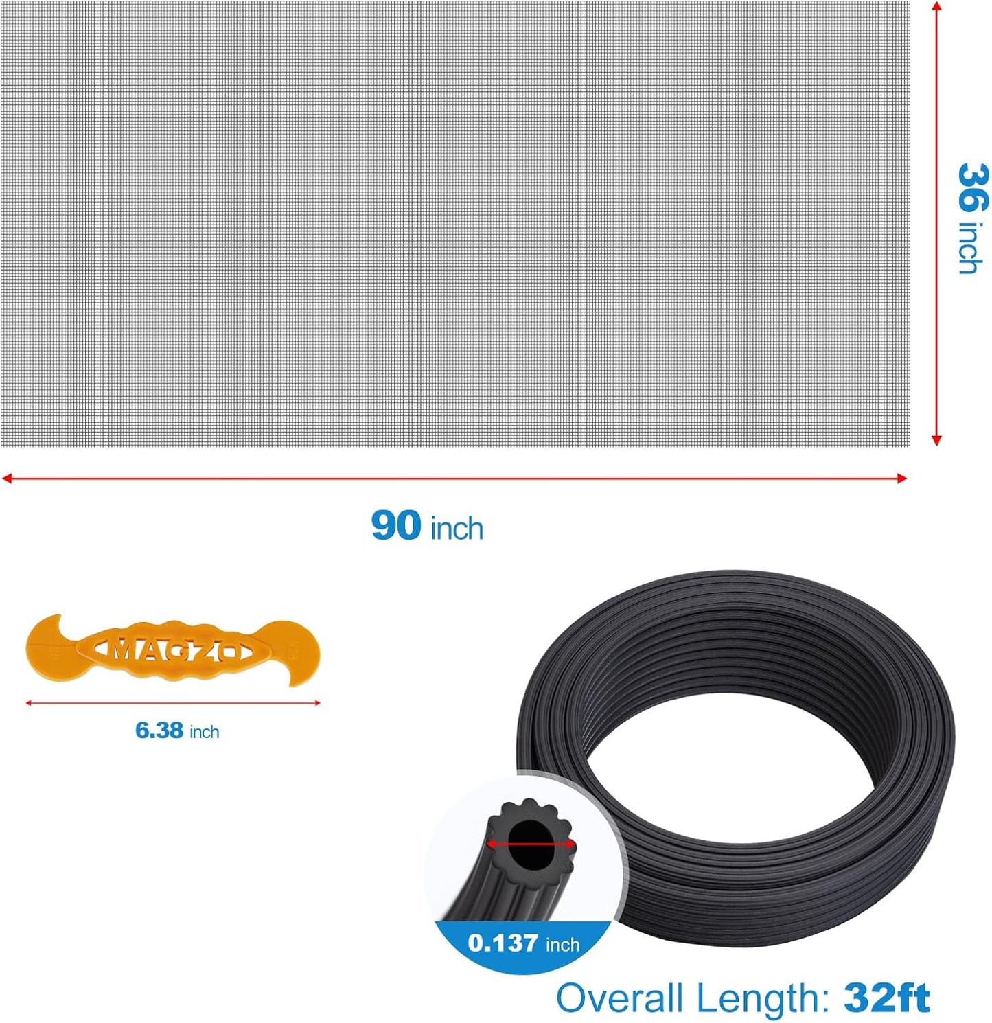 Window Screen Replacement Kit, 48"W × 99"L Durable Polyester Adjustable Screen Mesh with Retainer Spline (32ft) for DIY Project Window Screen Door Screen Replacement & Repair, Black