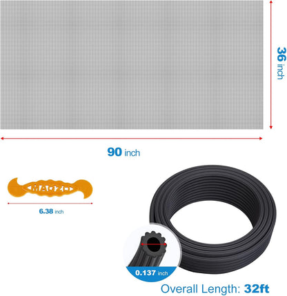 Window Screen Replacement Kit, 48"W × 99"L Durable Polyester Adjustable Screen Mesh with Retainer Spline (32ft) for DIY Project Window Screen Door Screen Replacement & Repair, Black