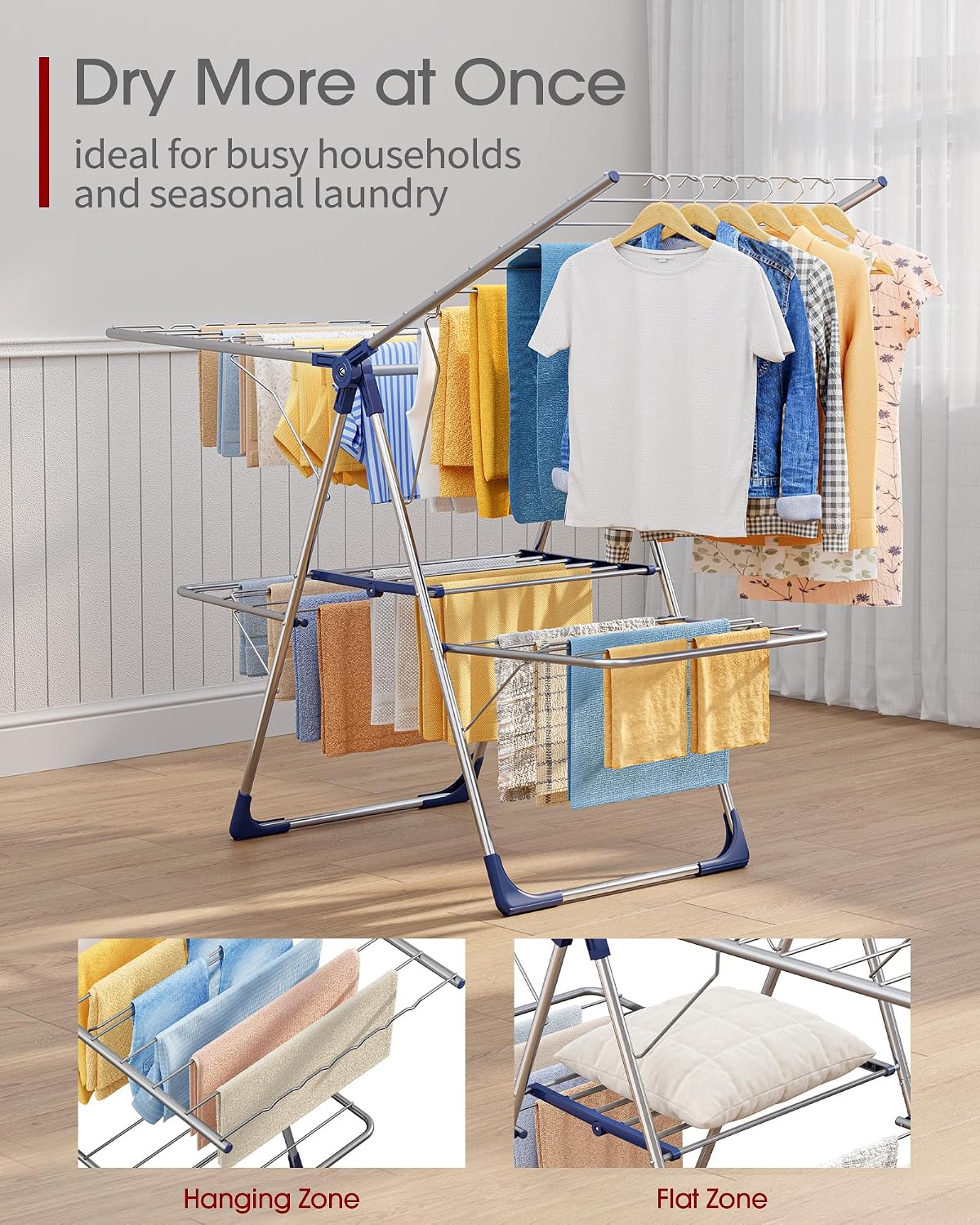 Sakugi Clothes Drying Rack, Foldable 2-Level Laundry Drying Rack with Height-Adjustable Wings, for Clothing & Bedding, Free-Standing Space-Saving Rack, Indoor & Outdoor, 55.5" L × 22.8" W, Gray