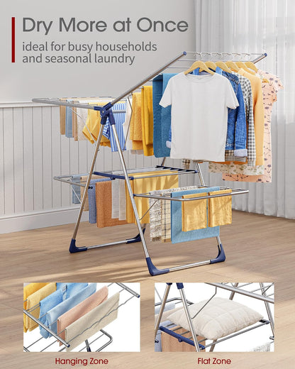 Sakugi Clothes Drying Rack, Foldable 2-Level Laundry Drying Rack with Height-Adjustable Wings, for Clothing & Bedding, Free-Standing Space-Saving Rack, Indoor & Outdoor, 55.5" L × 22.8" W, Gray