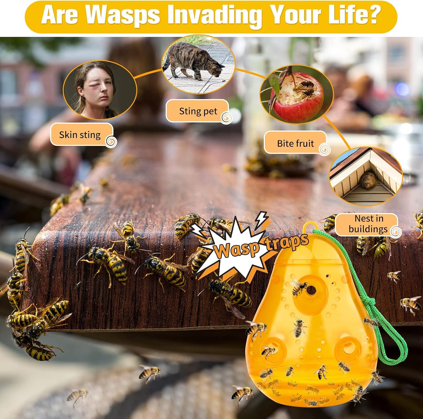 JNKNT Wasp Trap Bee Catcher, Outdoor Hanging Wasp Trap, Reusable Hornet & Yellow Jacket Trap, 2 Pack (Pear Shape - Orange)