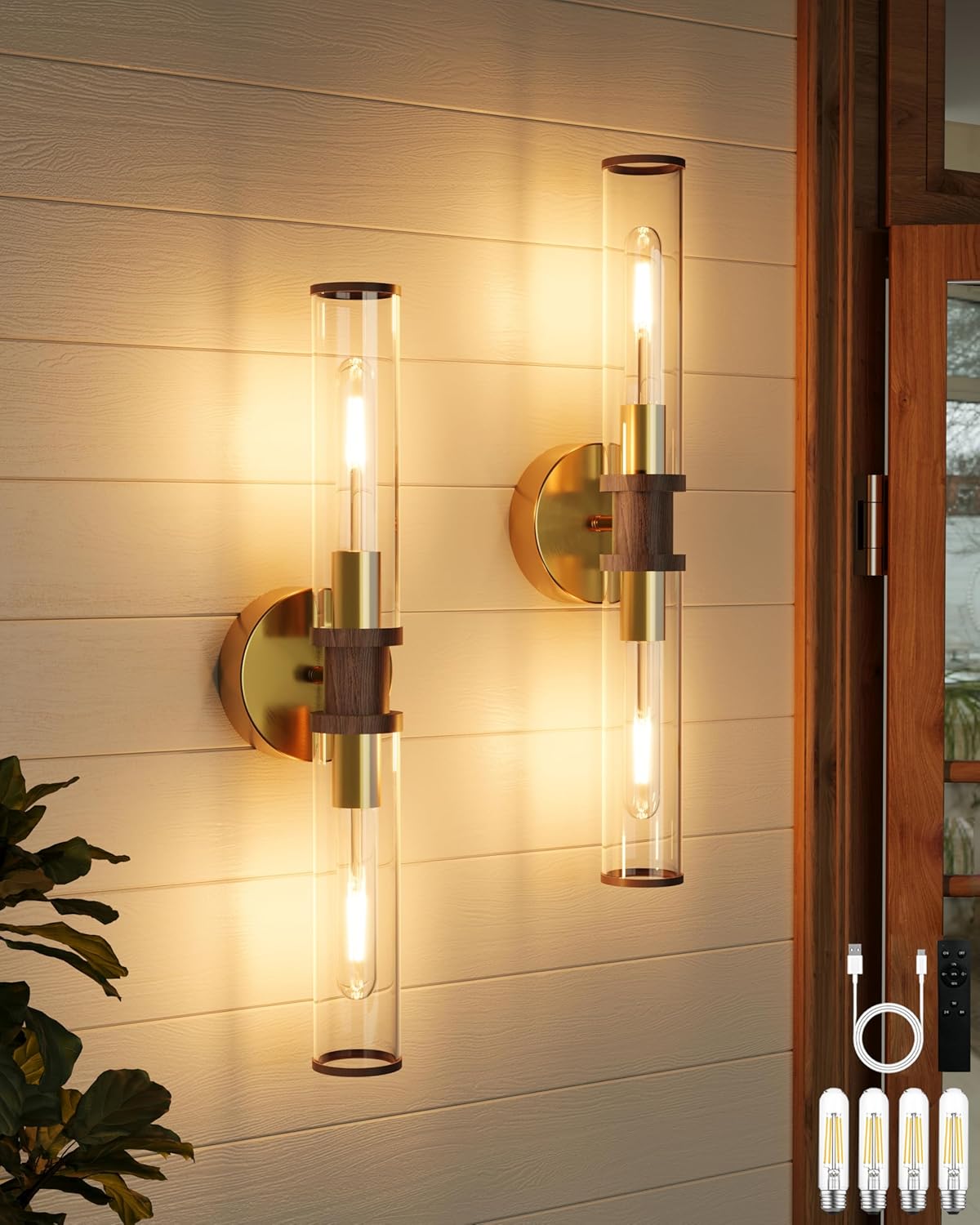 Wireless Wall Sconces with Remote Control, Battery Operated Wall Sconce Set of 2 with Timer, Gold Rechargeable Dimmable Glass Wall Lights for Living Room Bedroom Hallway Entryway 3000K, 20.5 Inch