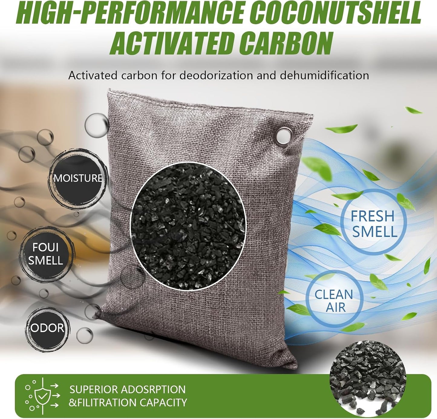 Activated Charcoal Bags Odor Absorbers, Activated Charcoal Odor Absorber for Strong Odors in Car, Closet, Shoe, Pet, Smoke, Basement. Coconut Shell Air Purifying Bag(1 x 500g）