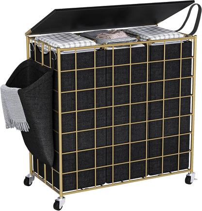 Laundry Basket with Wheels, Heavy Duty Laundry Sorter 2 Sections, 120L (32Gal.) Large Capacity Laundry Hamper with Wood Lid, 360 Rolling Wheels, Extra Side Pocket, Leather Pull Handle, Beige