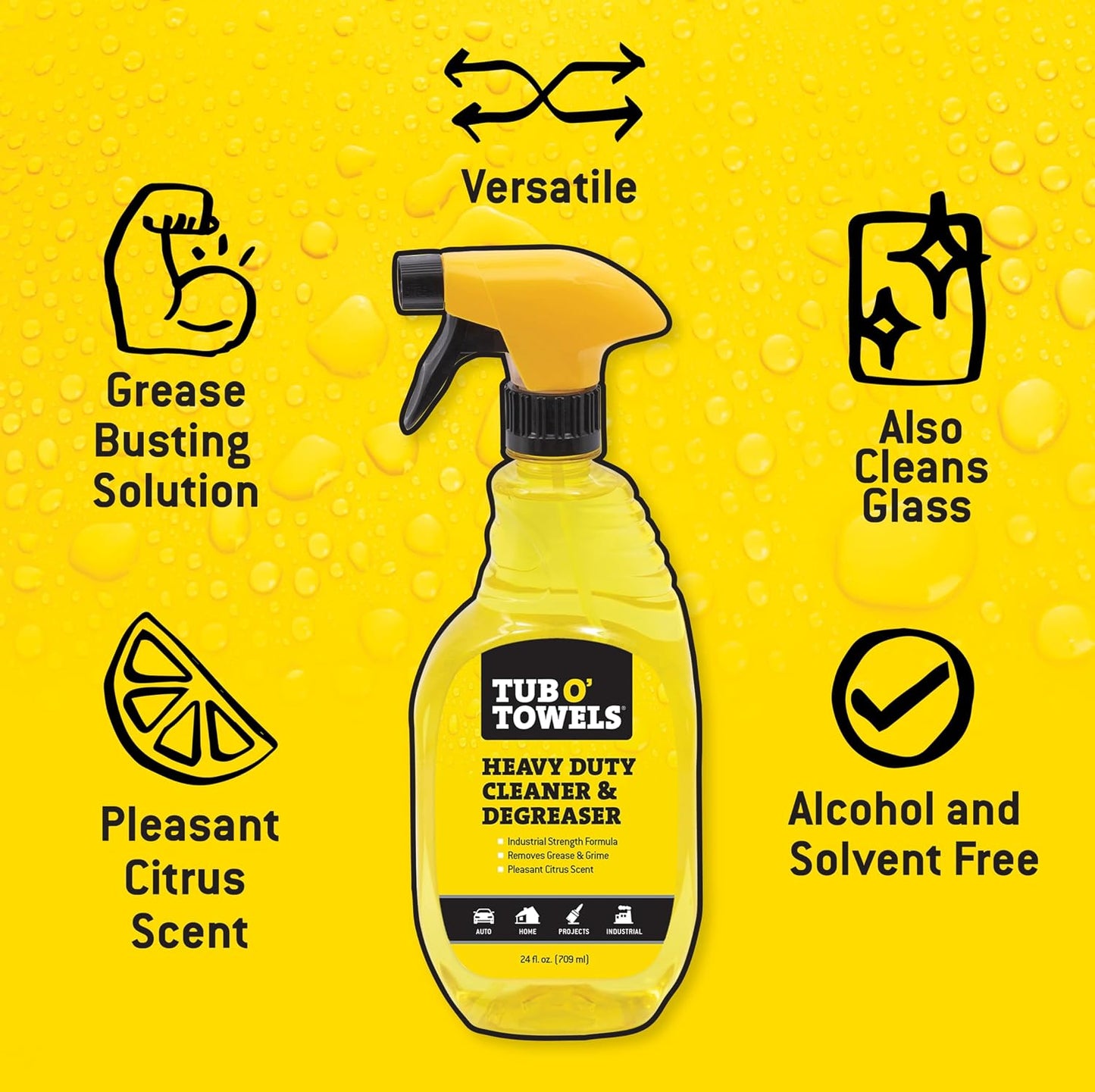 Tub O' Towels Heavy Duty Cleaner and Degreaser Spray Helps in Removing Oil Tar Paint Dirt Caulk Grease Grime Gunk Epoxies, Industrial Strength, Home & Auto, Made In USA, Citrus Scent, 24oz, 2-Pack