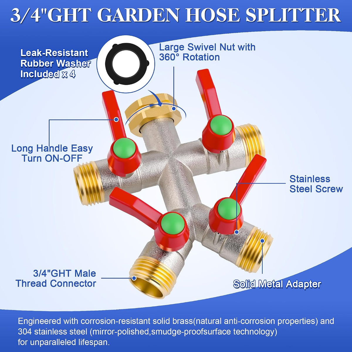 EJW Hose Splitter 2 Way, Garden Hose Splitters, Heavy Duty Faucet Splitter,Rv Brass Water Hose Y Splitter, Double Hose Connector, Spigot Splitter, Two Way Hose Manifold Valve 3/4 Inch GHT Thread.