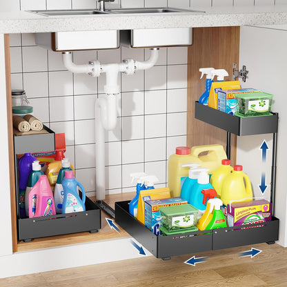 Insputer Upgrade Expandable Under Sink Organizer, 2 Tier Metal Under Cabinet Storage with 3 Slide Rails, Height Adjustable, Thickened Pull Out Drawer Shelf for Bathroom, Kitchen, Laundry, Pantry