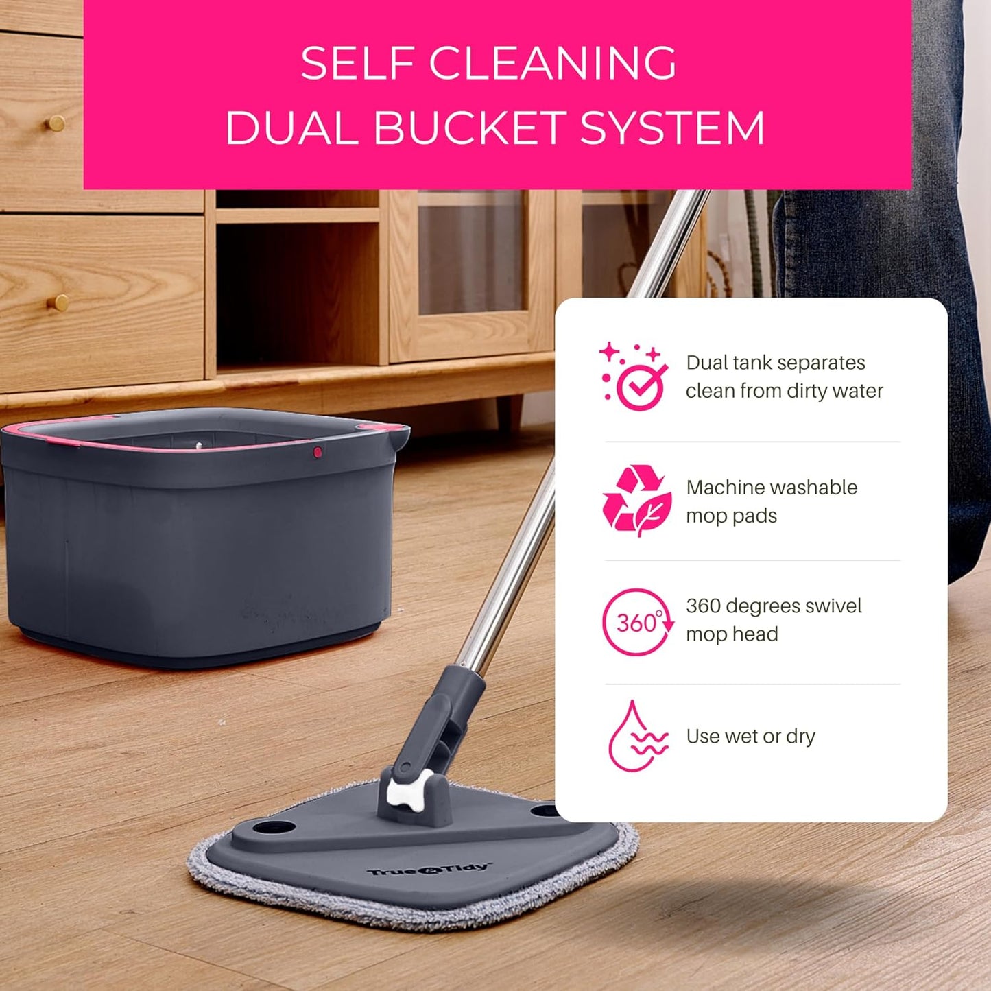 True & Tidy True Clean Spin Mop & Bucket System – Dual Compartment Design for Clean & Dirty Water, 360° Swivel Mop Head, Built-in Scrubbing Brush, Stainless Steel Handle & 2 Reusable Microfiber Pads