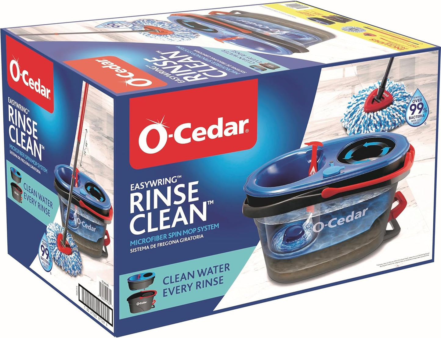 O-Cedar RinseClean Spin Mop & Bucket System + 2 Extra Mop Heads | Clean with Water | Removes 99% of Bacteria