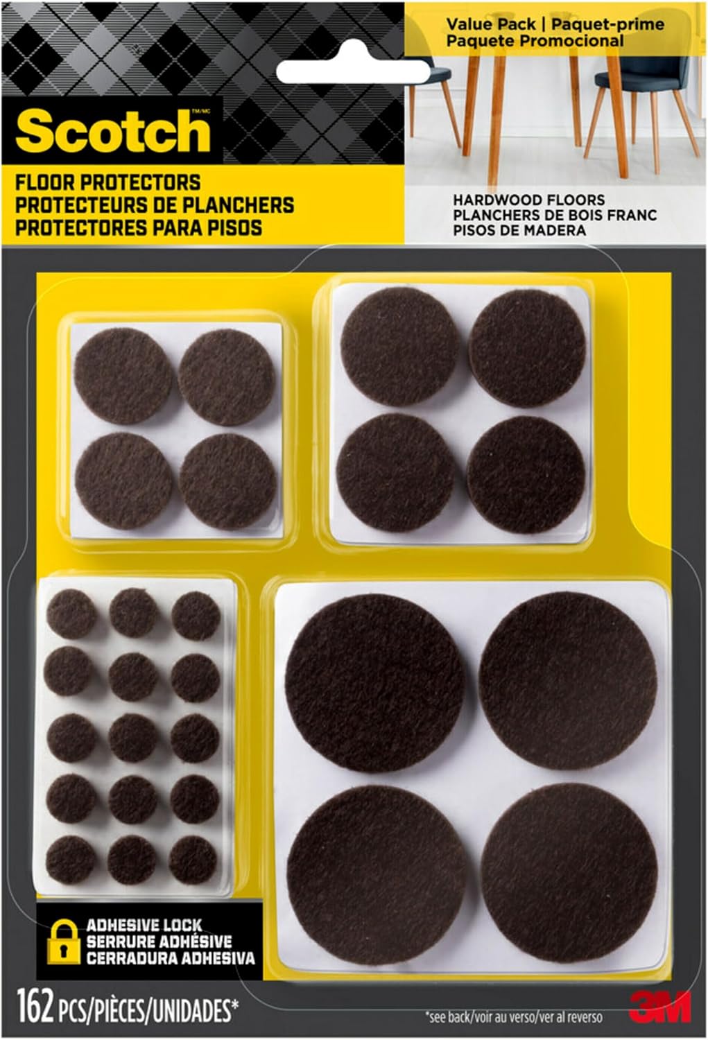 Scotch Felt Pads 162 PCS Brown, Felt Furniture Pads for Protecting Hardwood Floors, Round, Assorted Sizes Value Pack, Self-Stick design, Protecting from nicks, dents and scratches (SP847-NA)