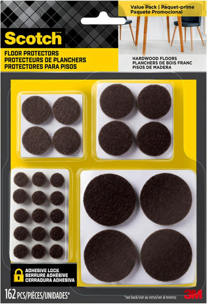 Scotch Felt Pads 162 PCS Brown, Felt Furniture Pads for Protecting Hardwood Floors, Round, Assorted Sizes Value Pack, Self-Stick design, Protecting from nicks, dents and scratches (SP847-NA)
