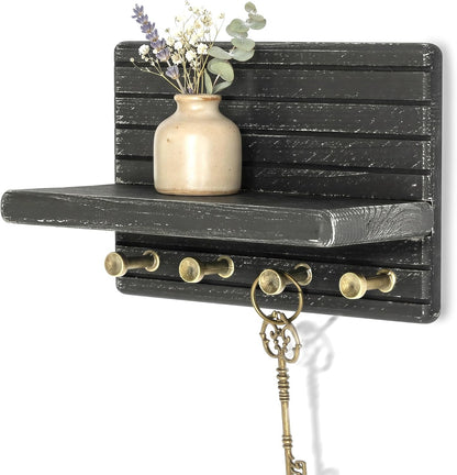 Rebee Vision Farmhouse Key Holder Wall Mount for Home Decor – Decorative Pine Wooden Key Holder for Wall with 6 Hooks & Floating Shelf - Rustic Charm for Room Decor Aesthetic (Brown)