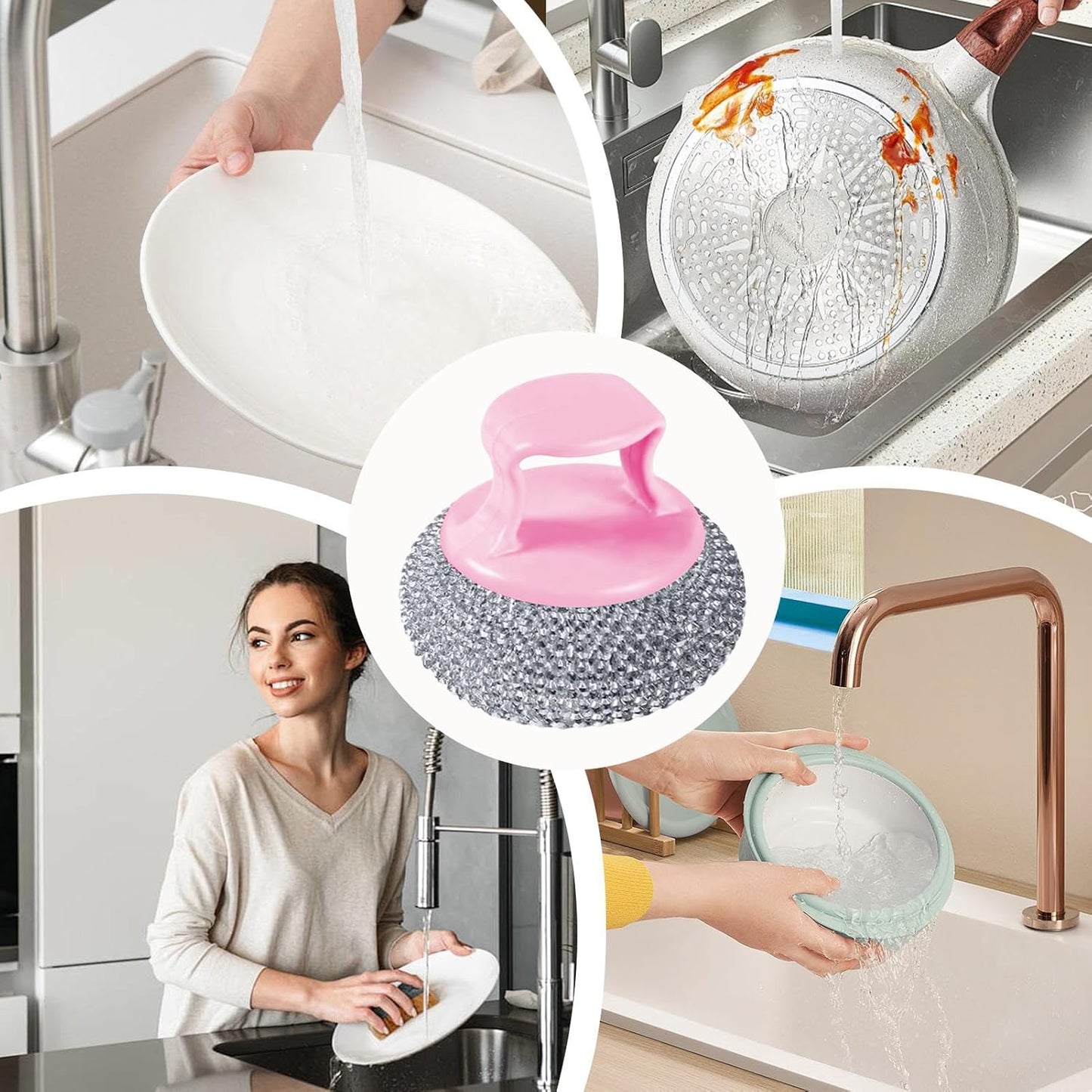 Dish Scrubber - Non Scratch Short Handle Brush for Cleaning | Durable Nylon Fiber with Soft Ball Pad, Stain Removing Scouring Tool, Easy Grip Handle for Pots, Pans, Grill, Sink, Kitchen Household Use