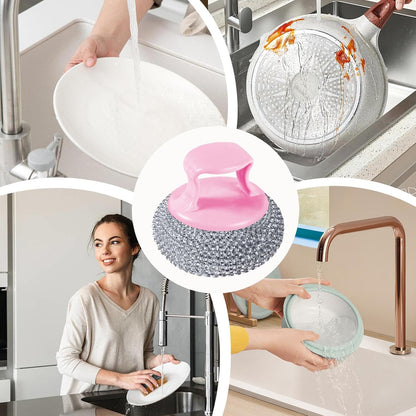 Dish Scrubber - Non Scratch Short Handle Brush for Cleaning | Durable Nylon Fiber with Soft Ball Pad, Stain Removing Scouring Tool, Easy Grip Handle for Pots, Pans, Grill, Sink, Kitchen Household Use