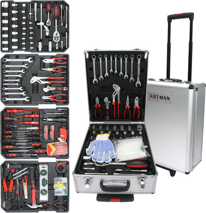 899pcs Home Repair Tool Set Kit for Men, Toolbox Storage Case with 4 Drawers, General Household Tool Kit with Rolling Tool Box, Tool Set Kit for Maintenance, Garden, Homeowner, Handyman,Silver Case