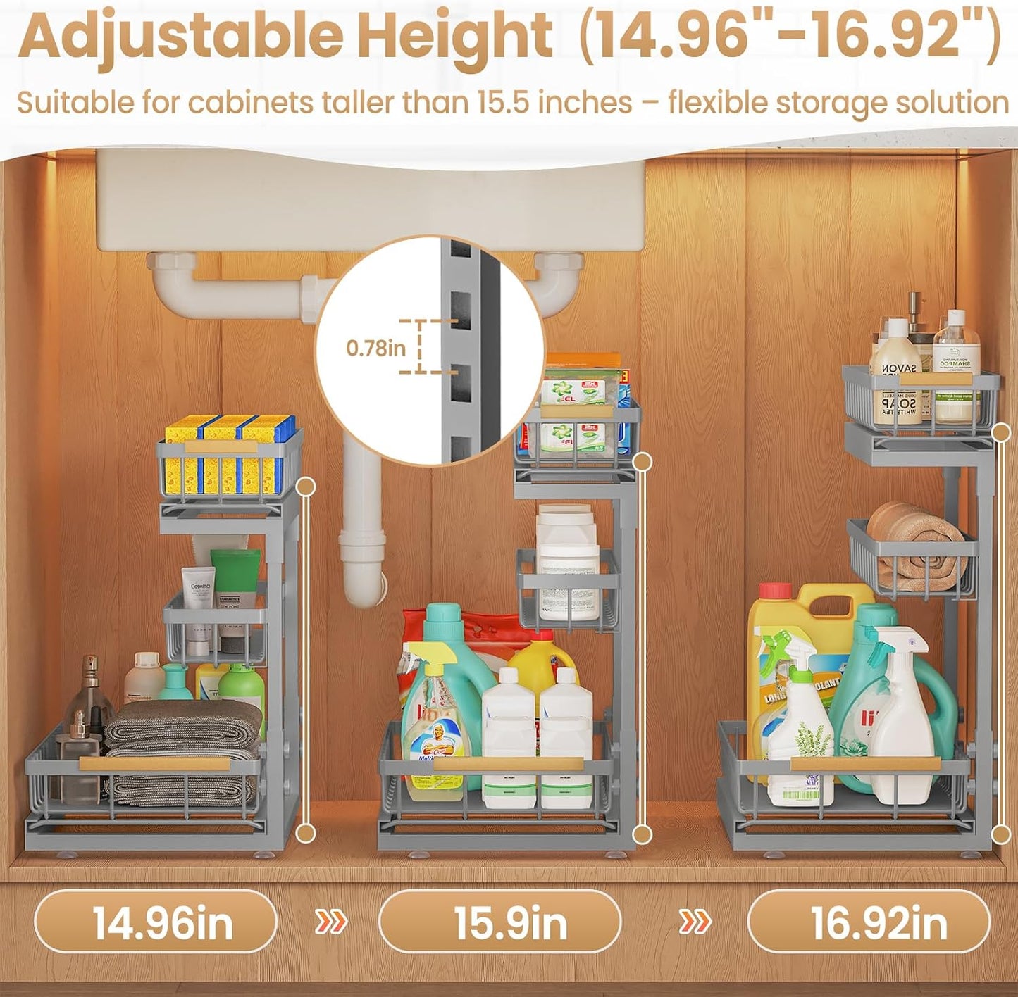Under Sink Organizer and Storage for Bathroom and Kitchen - 2 Pack 3 Tier Under Cabinet Pull Out Shelf Organizers - Slide Out Drawer Organization for Home Cabinets Shelves and Drawers