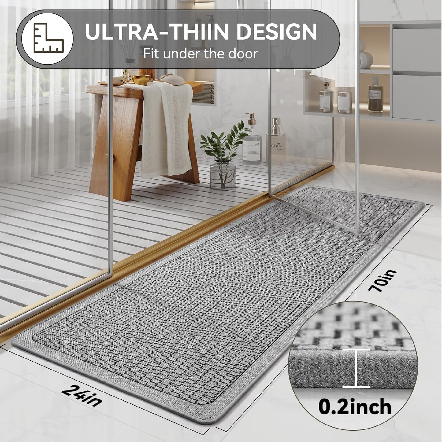 YDKGL Ultra Thin Bathroom Rugs Mat Quick Dry Absorbent Non Slip Bath Mat Bath Mats for Bathtub Mat Bathroom Carpet Fit Under Door Washable Floor Rubber Half Round Bath Rugs Grey 16x24