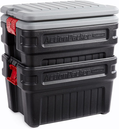 Rubbermaid ActionPacker 35 Gallon, Made in USA, Lockable Plastic Storage Bin with Lid and Wheels- Outdoor, Industrial, Rugged, Camping Gear and Truck Bed Storage - Gray and Black