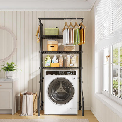 ONBRILL Expandable Over Washer and Dryer Shelves, 3 Tiers Laundry Room Organization and Storage with Hanger Rod, 4 Hooks, Adjustable Height Metal Freestanding Clothes Drying Rack, White
