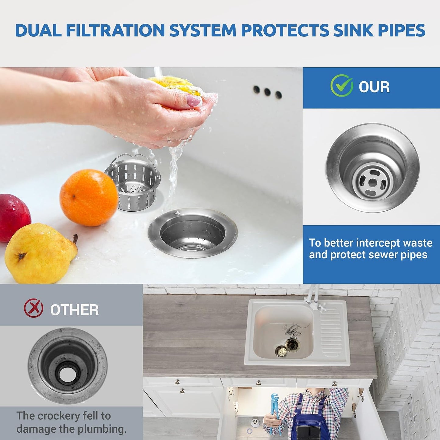 BOTEMY Kitchen Sink Drain Assembly with Removable Deep Basket Strainer, Anti-Clog Sink Drain Kit, Stainless Steel & ABS, Easy Clean Lift-Out Strainer, Fits Standard 3-1/2 Kitchen Sinks - Brushed