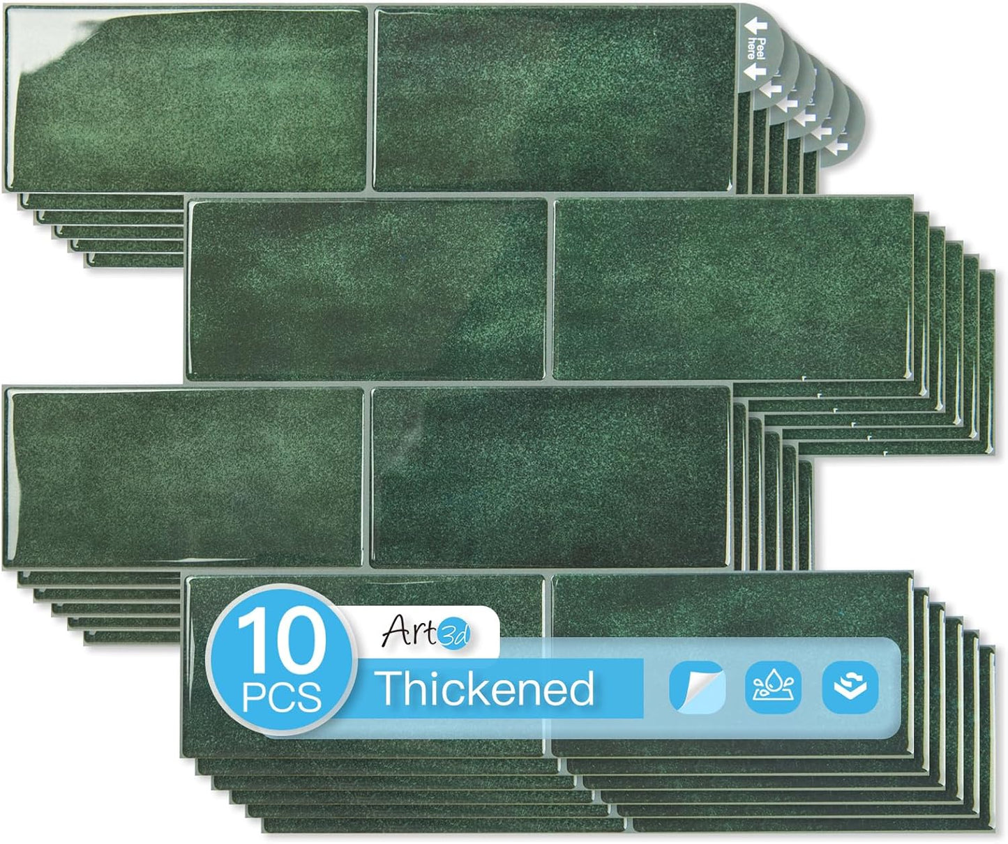 Art3d Peel and Stick Backsplash, 10-Pack Thickened Stick on Subway Tiles, Faux Ceramic Tiles for Kitchen, Bathroom, Black