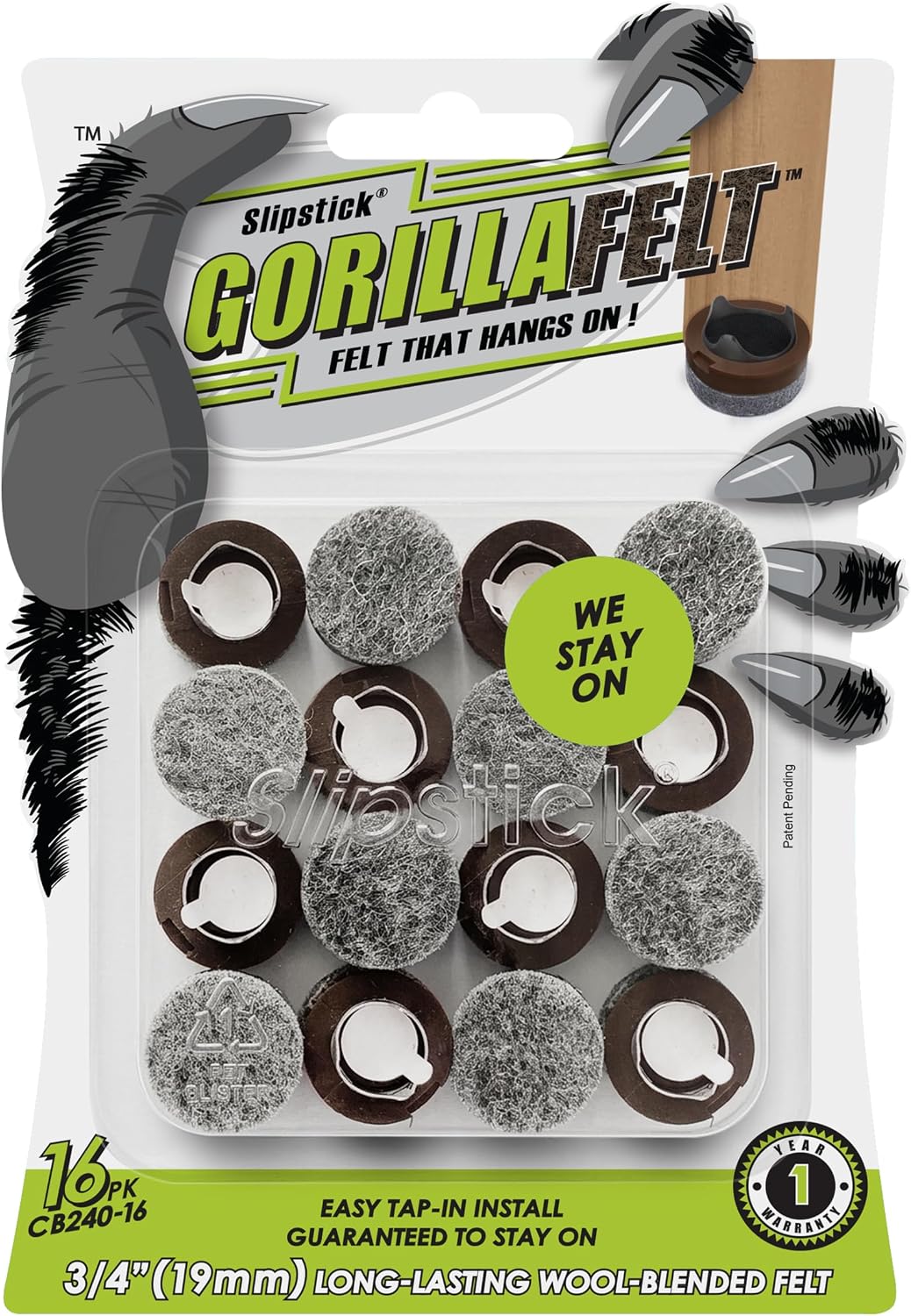 GorillaFelt Chair Leg Floor Protectors/Felt Chair Glides (Set of 16) Tap-On Felt Furniture Pads Guaranteed to Stay On, 1 Inch Round Chair Sliders
