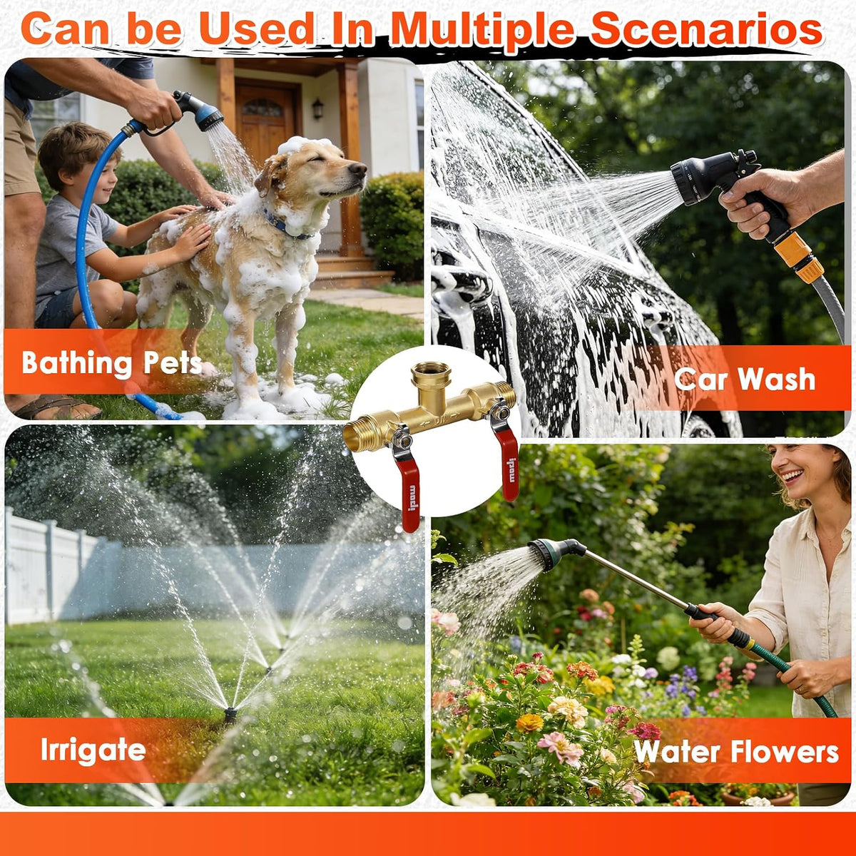 IPOW Upgrade Full Flow Garden Hose Splitter with Stainless Steel Handle, Brass Heavy Duty 2 Way Y Valve Garden Hose Splitter High Flow Spigot Splitter + 6 Rubber Hose Washers with Comfort Grip Use