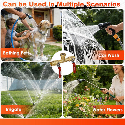 IPOW Upgrade Full Flow Garden Hose Splitter with Stainless Steel Handle, Brass Heavy Duty 2 Way Y Valve Garden Hose Splitter High Flow Spigot Splitter + 6 Rubber Hose Washers with Comfort Grip Use