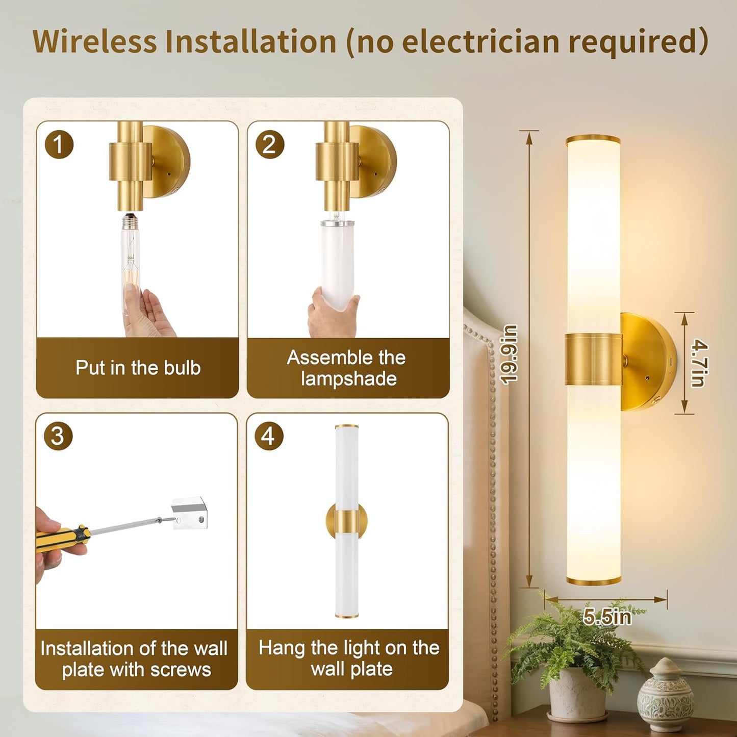 Morauroral Gold Battery Operated Wall Sconces Set of Two, Rechargeable Wall Sconce with Dimmable Remote Control, 20 Inch Wireless Sconce Wall Light for Bedroom, Living Room (Bulbs Included)